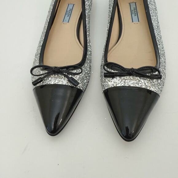 Prada Glitter Ballerina Flats Pointed Cap Toe Silver/Black Shoes 38.5 (US 8.5) - Picture 4 of 15